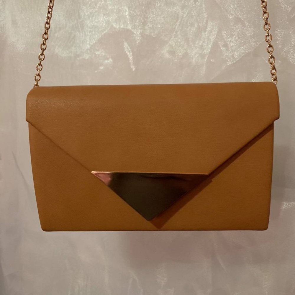 Brown/Caramel & Gold Envelope Style Cross-body Bag